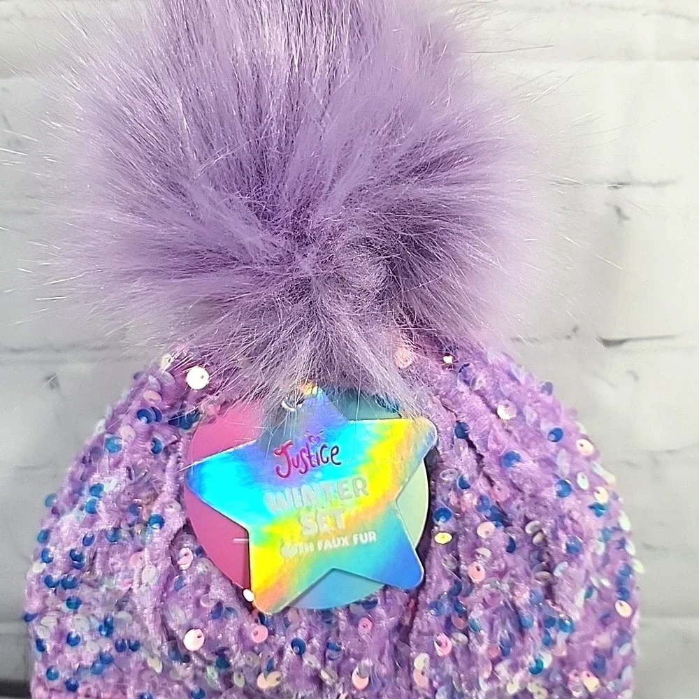 Justice Girls Purple Sequin Ribbed Beanie w/faux fur & Gloves 2-Piece Set NWT